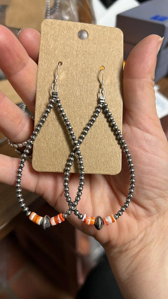 3mm Sterling Silver "Navajo Style" Pearls and Spiny Oyster Teardrop Earrings