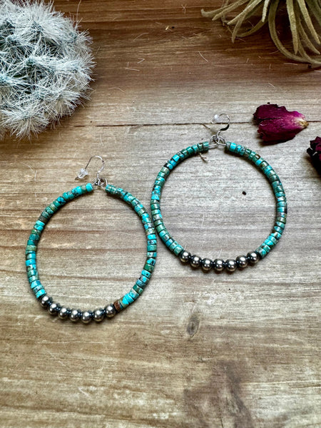 Large Turquoise and Sterling Silver Navajo Pearls Hoops Earrings