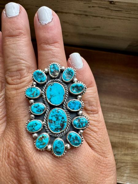 Kingman Turquoise Cluster Design Ring- Adjustable