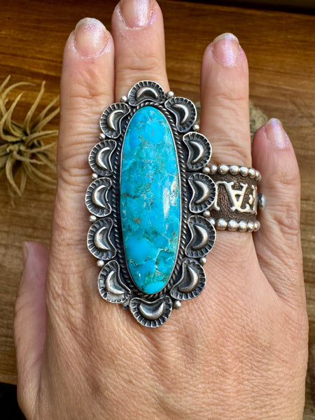 Kingman Turquoise Long Ring- Size 9