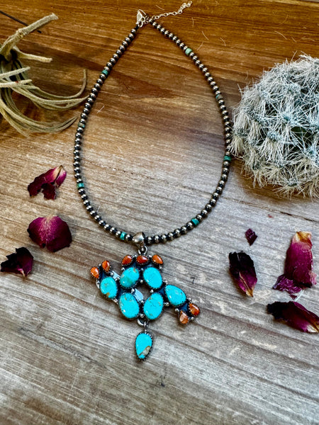 Turquoise and Coral Cactus Pendant