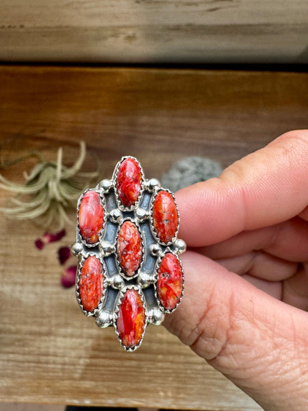 Red Spiny Oyster Cluster Ring - Size 7