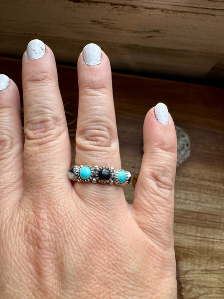 White Buffalo and Kingman Turquoise Band Ring - Size 8