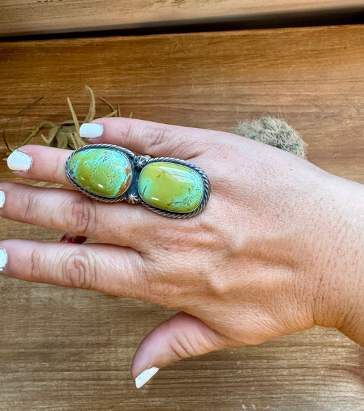 Two Stone Adjustable Kingman Turquoise Ring- Green