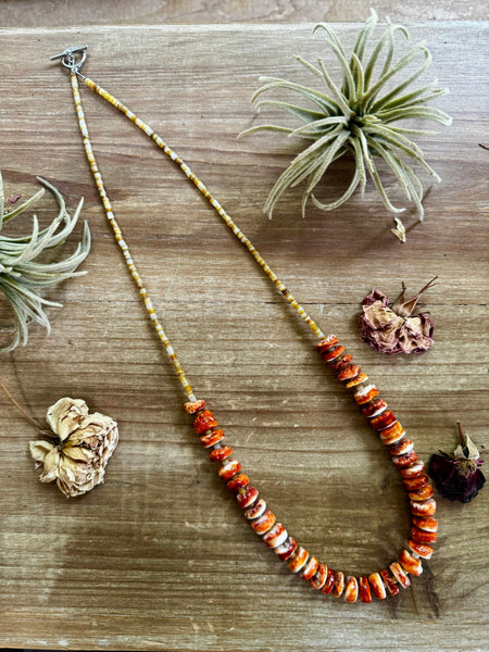 Orange Spiny Oyster and Shell Necklace-26"