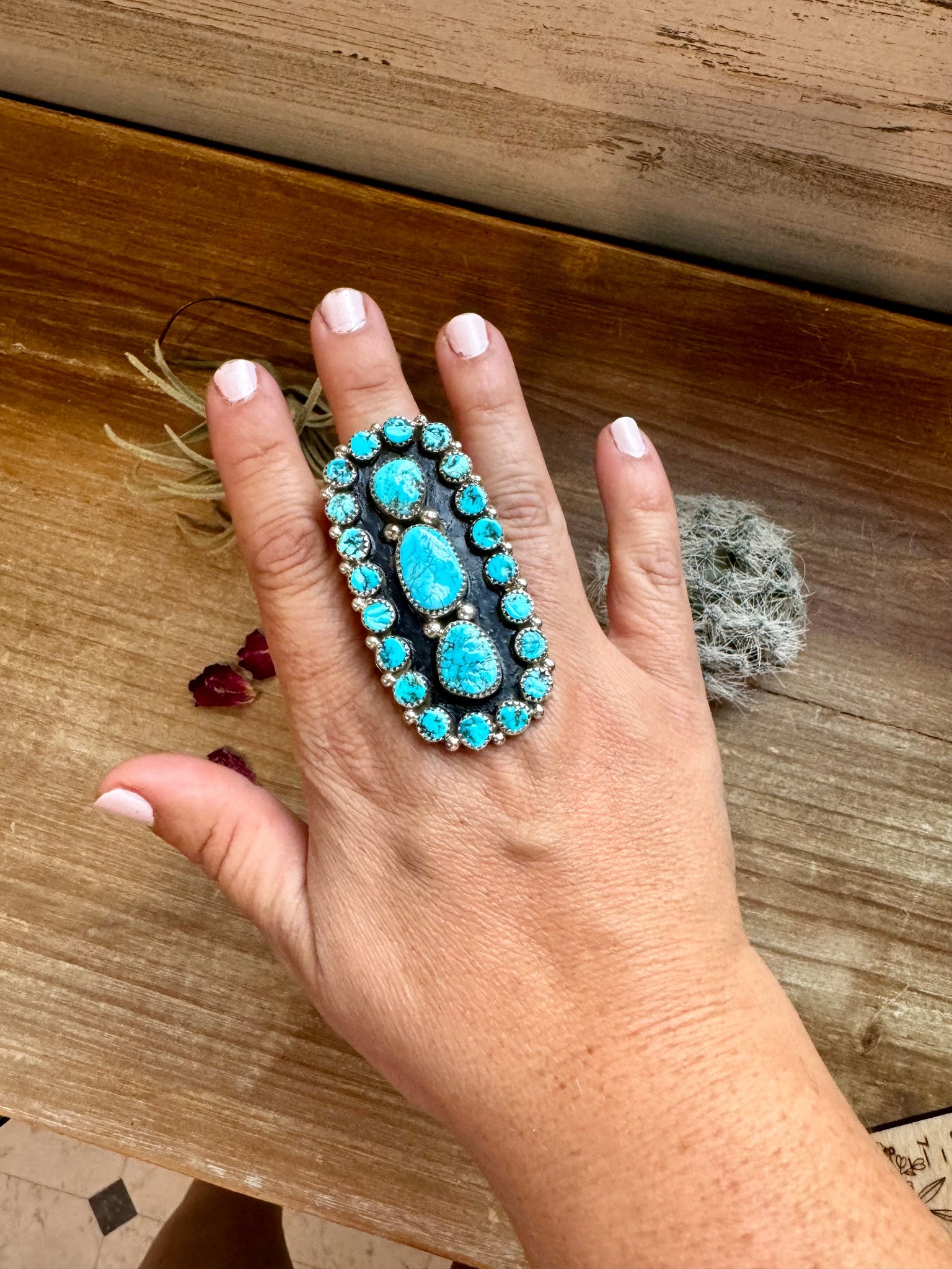 Large Kingman Turquoise Cluster Ring - Adjustable