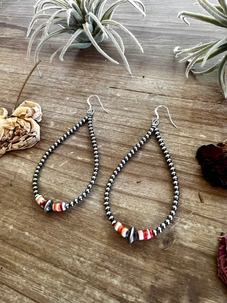 3mm Sterling Silver "Navajo Style" Pearls and Spiny Oyster Teardrop Earrings