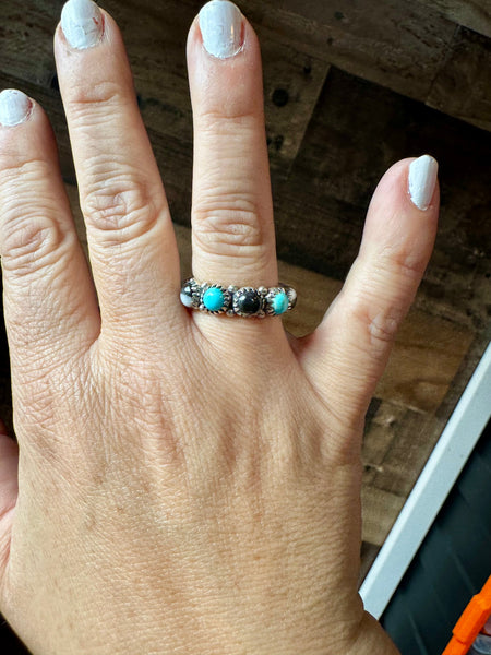 White Buffalo and Kingman Turquoise Band Ring - Size 8