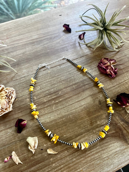 Yellow Amber and 3mm Sterling Silver Pearls Necklace- 14"