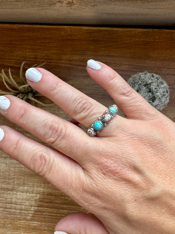 White Buffalo & Kingman Turquoise Band Ring - Size 9