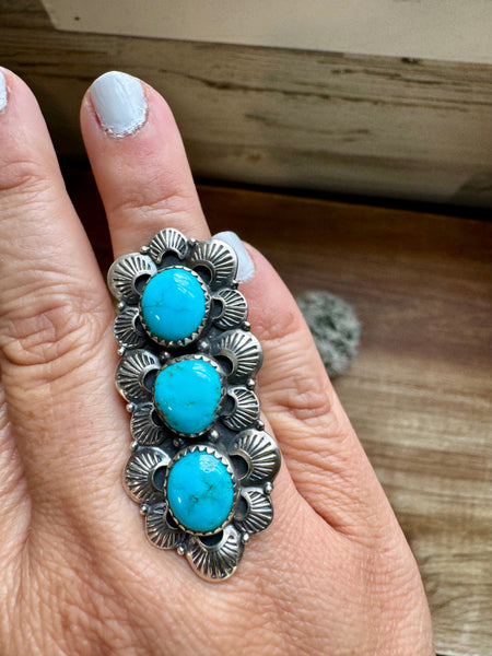 Kingman Turquoise 3 Stone Long Ring- Adjustable