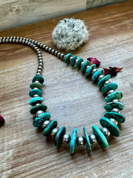 Turquoise and Sterling Silver Navajo Pearl Necklace-32"