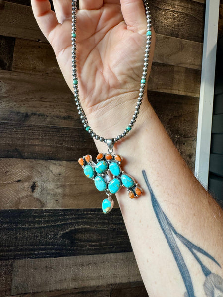 Turquoise and Coral Cactus Pendant