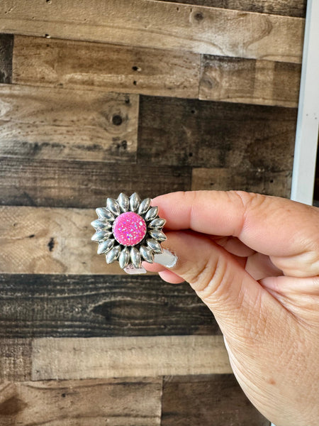 Pink Opal Flower Ring- Adjustable