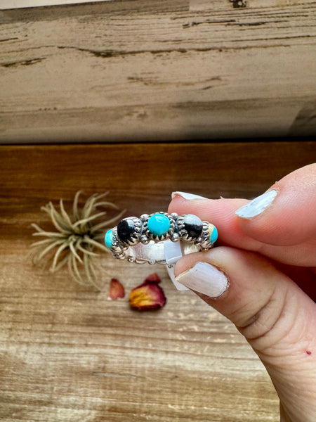 White Buffalo and Kingman Turquoise Band Ring - Size 8