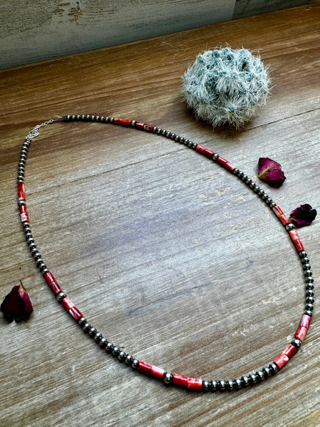 4-5mm Sterling Silver Pearls and Red Spiny Oyster Necklace-20"