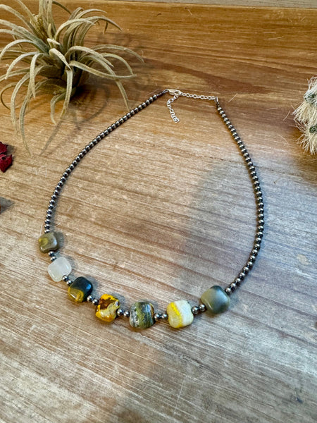 3mm Sterling Silver Pearls and Bumblebee Jasper Necklace-14"