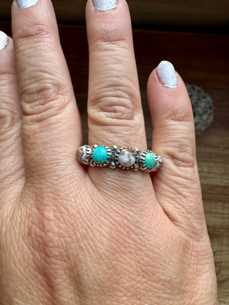 White Buffalo & Kingman Turquoise Band Ring - Size 9