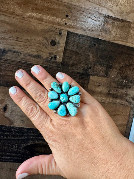 Large Royston Turquoise Flower Cluster Ring- Size 7