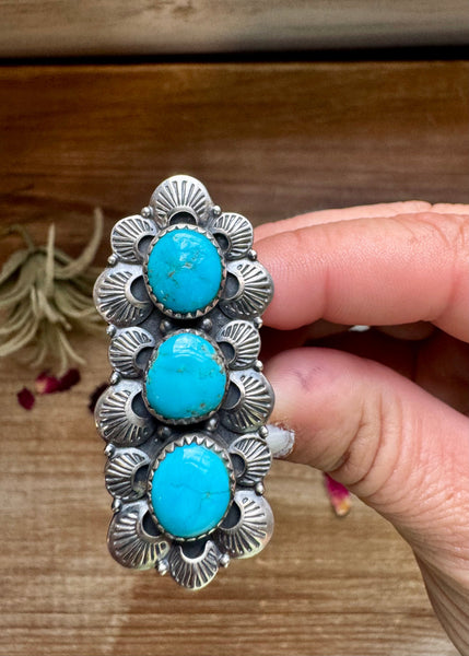 Kingman Turquoise 3 Stone Long Ring- Adjustable