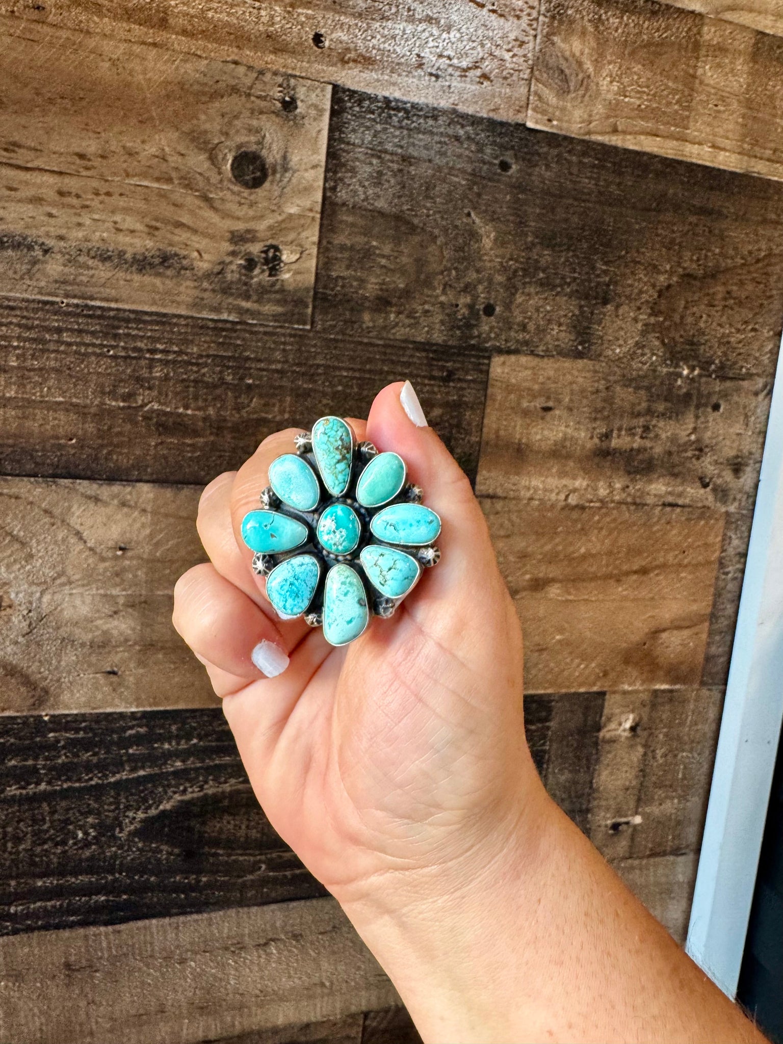 Large Royston Turquoise Flower Cluster Ring- Size 7