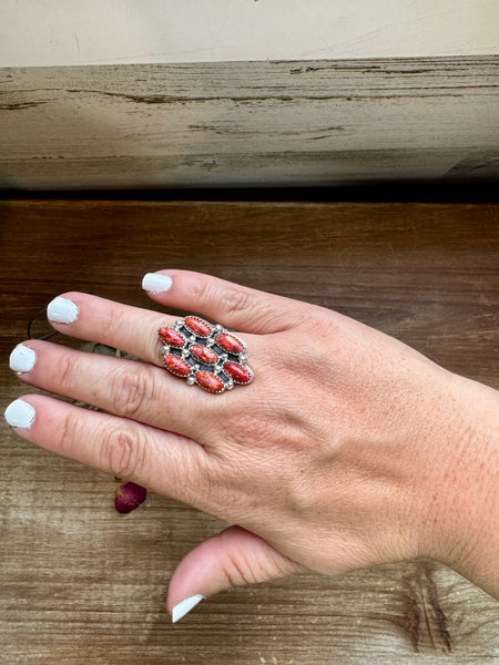 Red Spiny Oyster Cluster Ring - Size 7