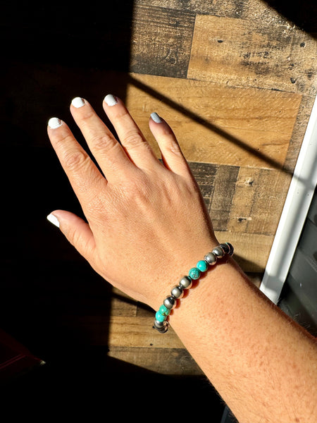 8mm Sterling Silver Navajo Pearls and Turquoise Bracelet