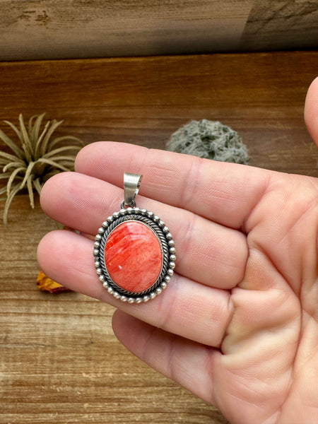 Round Orange Spiny Oyster & Sterling Silver Pendant