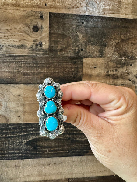 Kingman Turquoise 3 Stone Long Ring- Adjustable