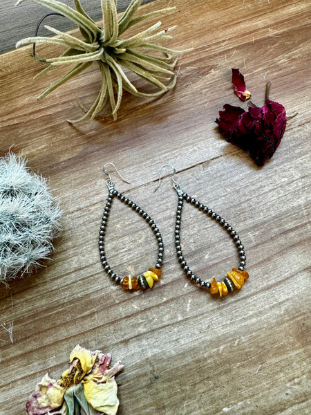 3mm Sterling Silver Navajo Pearls and Yellow Amber Teardrop Earrings