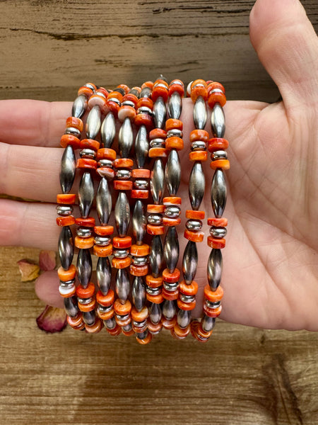 Torpedo Pearls and Orange Spiny Oyster Necklace-14"