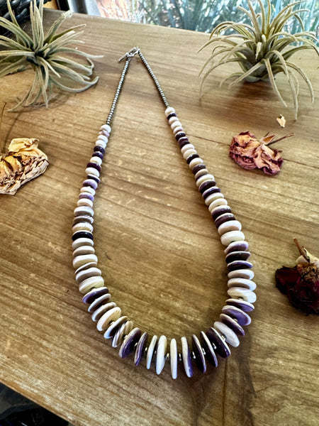 Purple Wampum Shell and 3mm Sterling Silver Pearls Necklace-22"