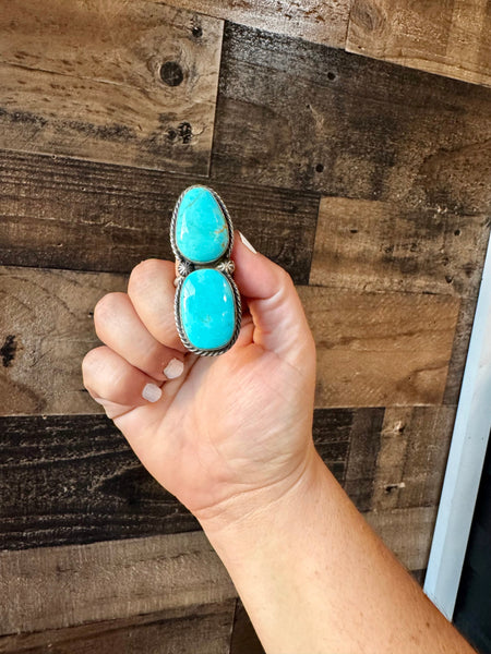 Two Stone Adjustable Kingman Turquoise Ring-Blue