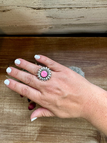 Pink Opal Flower Ring- Adjustable