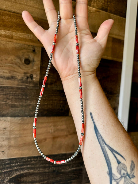 4-5mm Sterling Silver Pearls and Red Spiny Oyster Necklace-20"