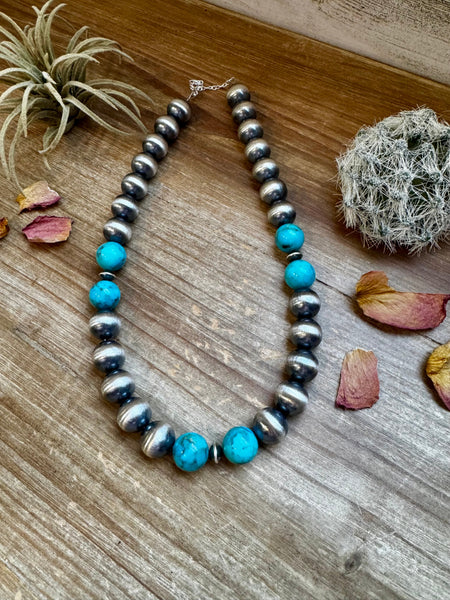 14mm Sterling Silver Pearls and Turquoise Necklace-18"