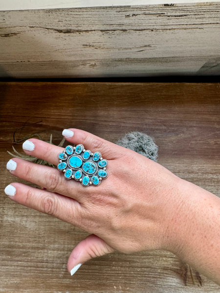 Kingman Turquoise Cluster Design Ring- Adjustable