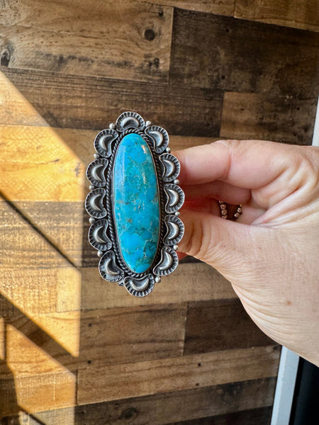 Kingman Turquoise Long Ring- Size 9