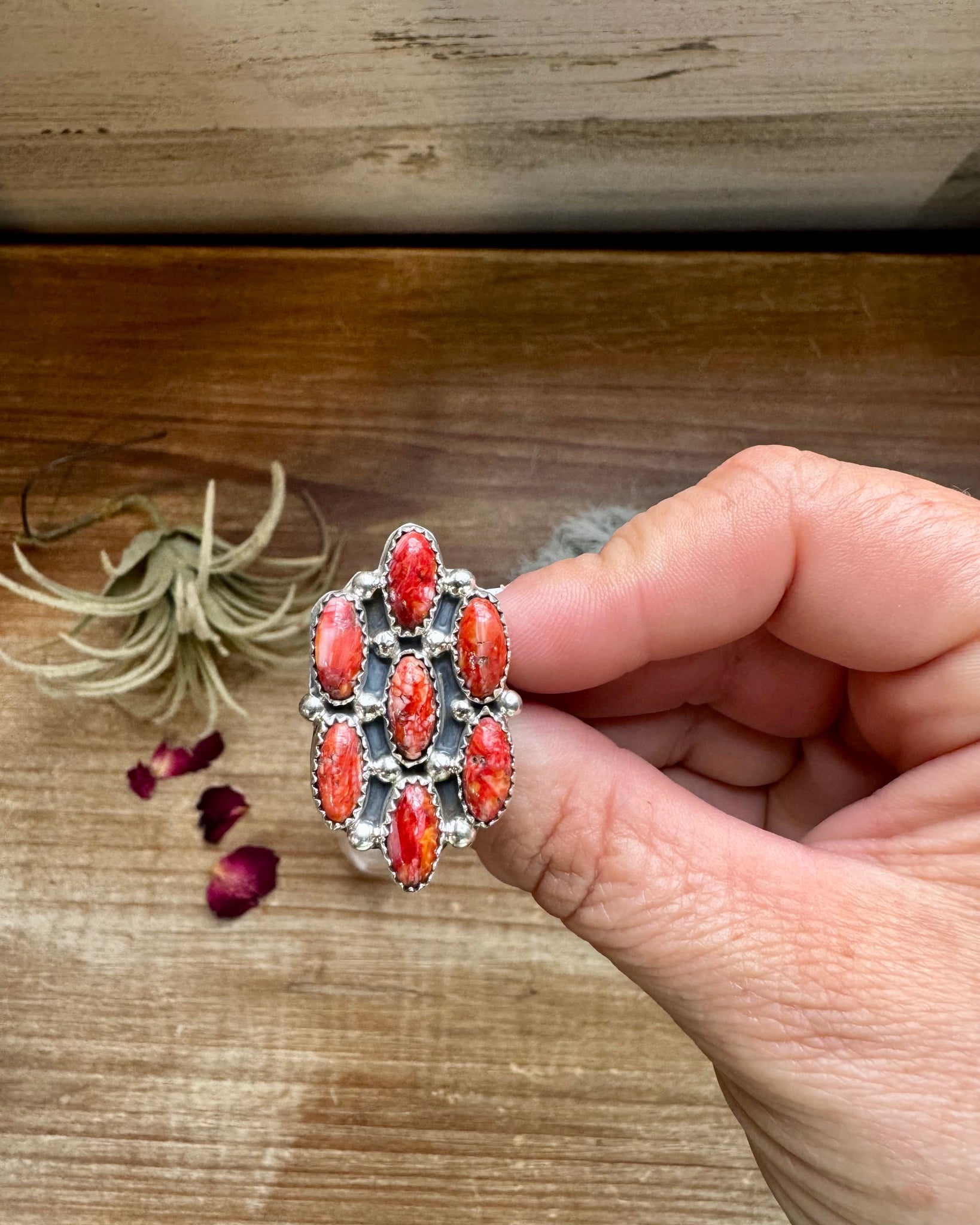 Red Spiny Oyster Cluster Ring - Size 7