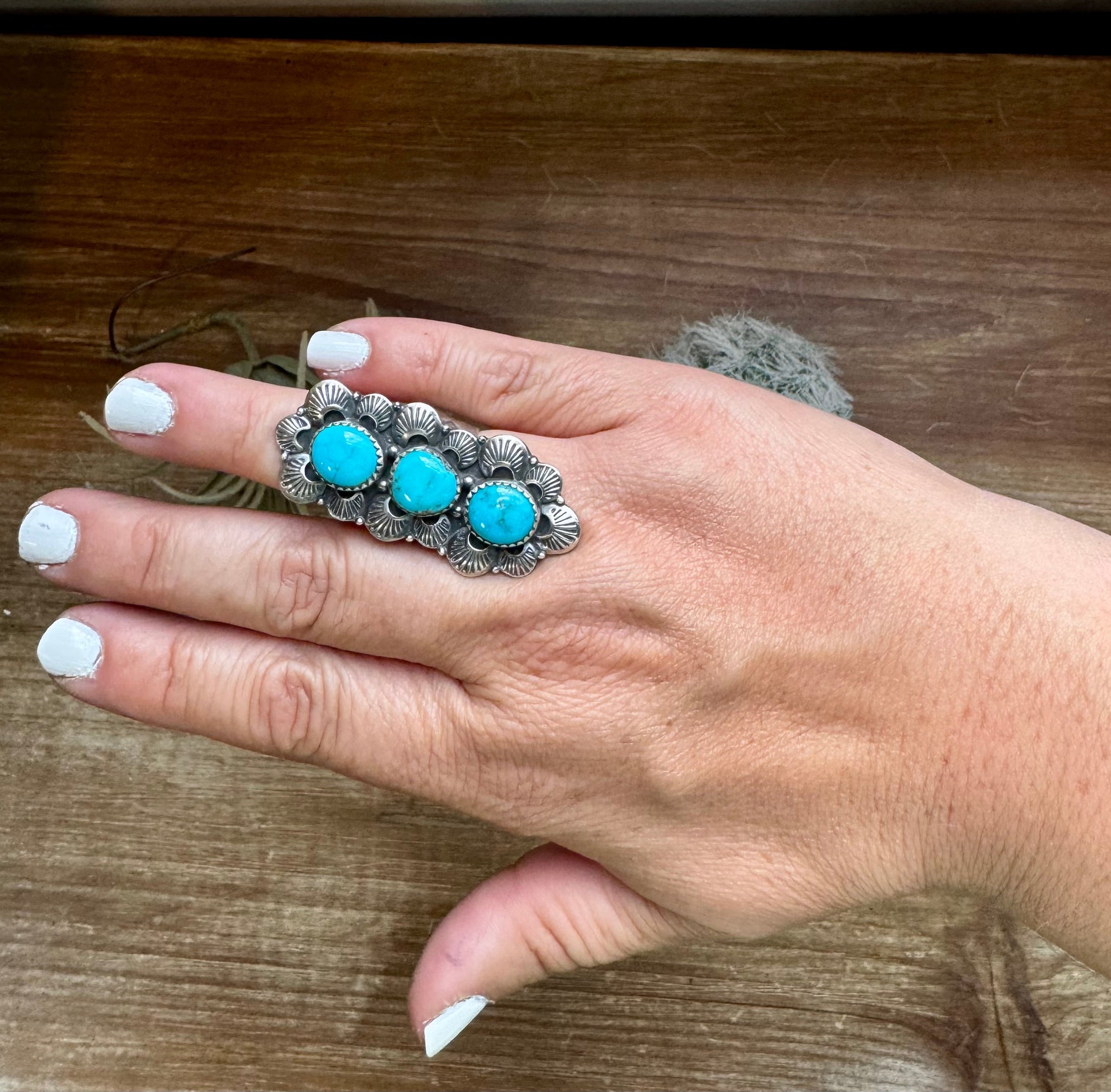 Kingman Turquoise 3 Stone Long Ring- Adjustable