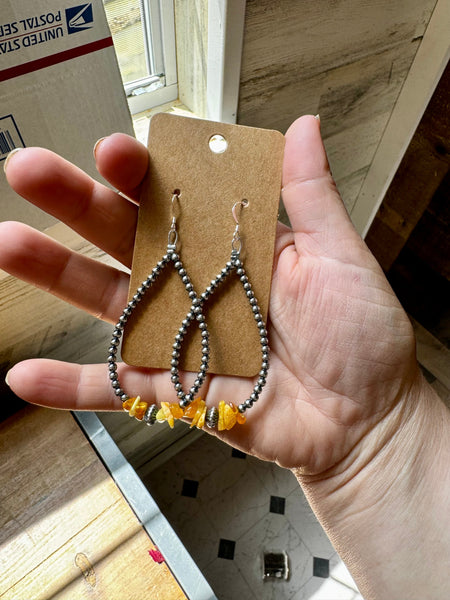 3mm Sterling Silver Navajo Pearls and Yellow Amber Teardrop Earrings