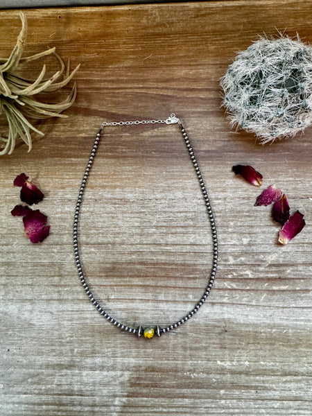 Bumblebee Jasper and 3mm Sterling Silver Pearls Necklace-14"