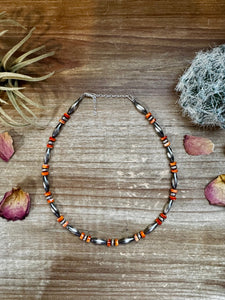 Torpedo Pearls and Orange Spiny Oyster Necklace-14"