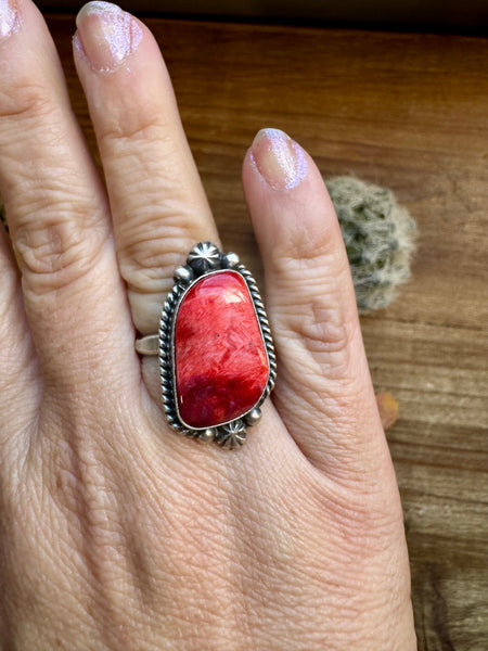 Red Spiny & Sterling Silver Ring- Adjustable