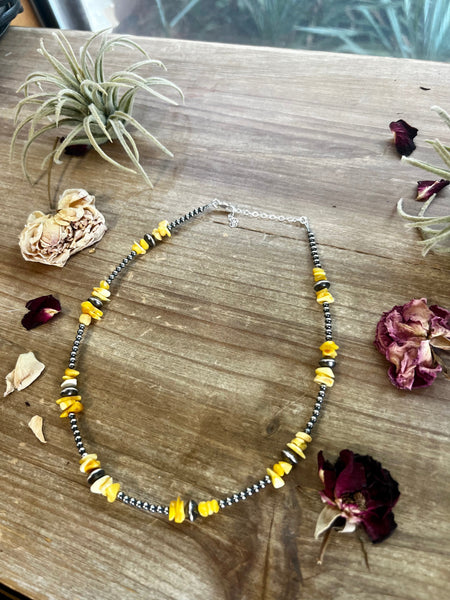 Yellow Amber and 3mm Sterling Silver Pearls Necklace- 14"