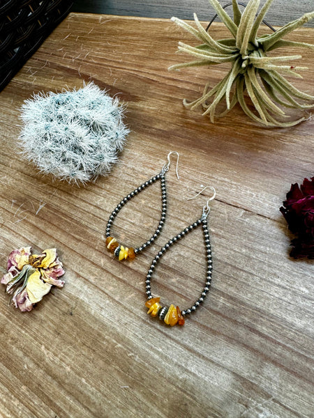 3mm Sterling Silver "Navajo Style" Pearls and Yellow Amber Teardrop Earrings