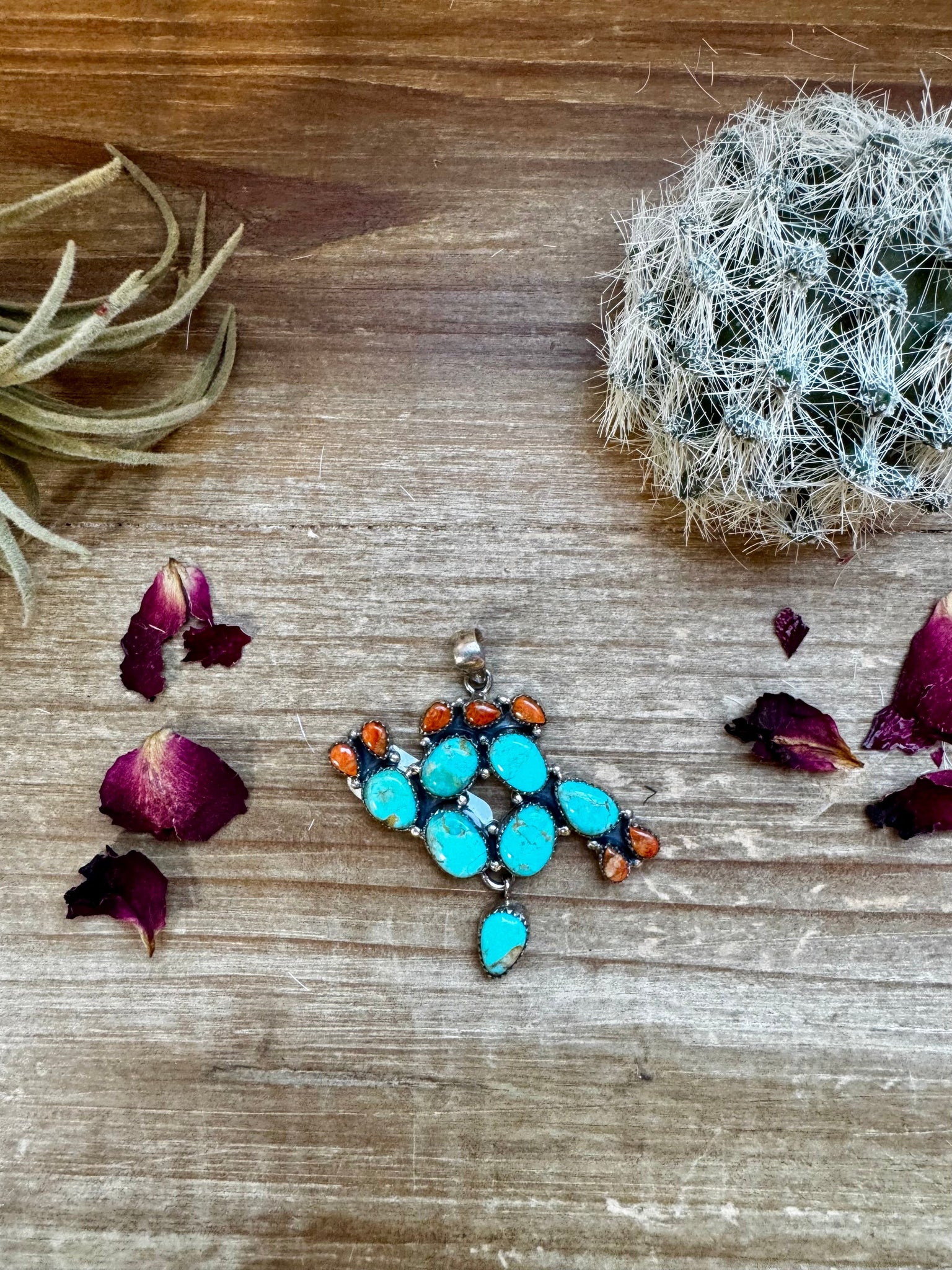 Turquoise and Coral Cactus Pendant