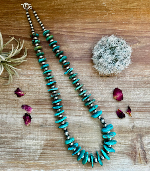 Graduated Turquoise and Sterling Silver Necklace-25"