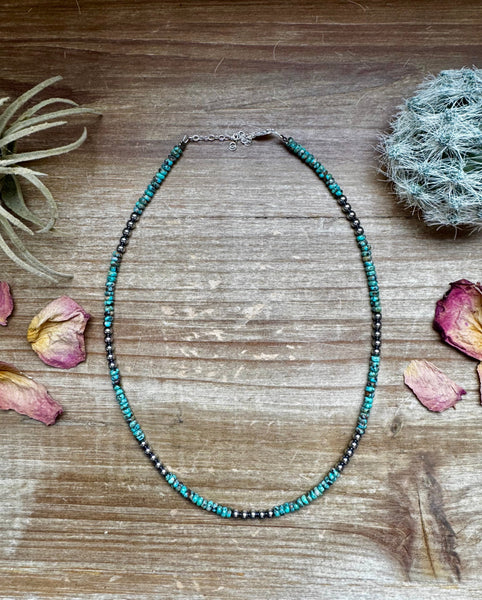 Turquoise and 4mm Sterling Silver Pearl Necklace-17"