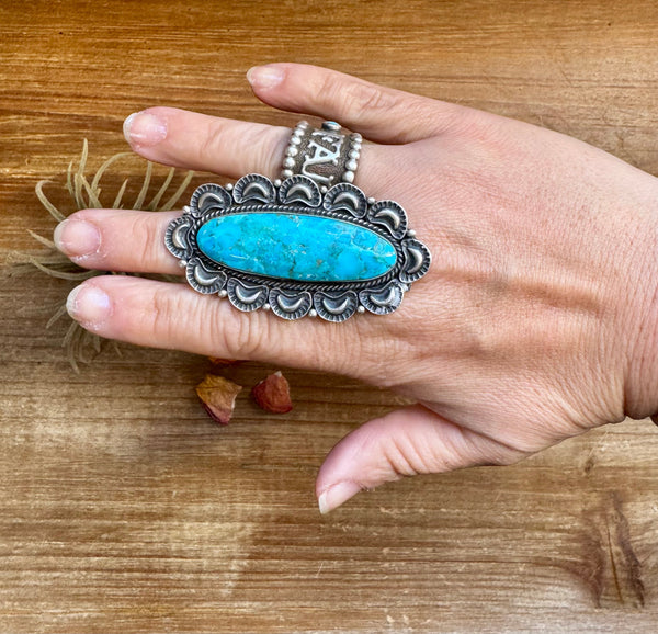 Kingman Turquoise Long Ring- Size 9